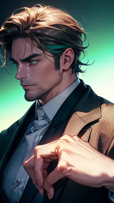 (  best quality,4K,8k,   highres,  masterpiece :1.2),  breasts  ,(Realistic,photoRealistic,photo-Realistic:1.37),36-year-old man,3 day beard,Beautiful anime,Portraits,strong,masculine,       with dark hair  ,sharp jaw,        mesmerizing green eyes   ,    ...