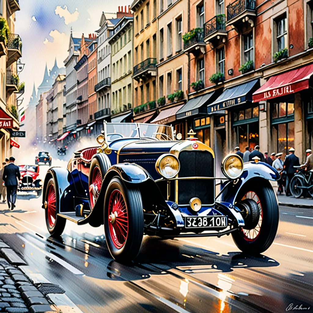 watercolor painting A vintage racing car speeding through the streets, with a touch of nostalgia and a hint of danger. The car is beautifully detailed, with glossy chrome accents and roaring engine exhaust pipes. The antique design of the car brings a sens...