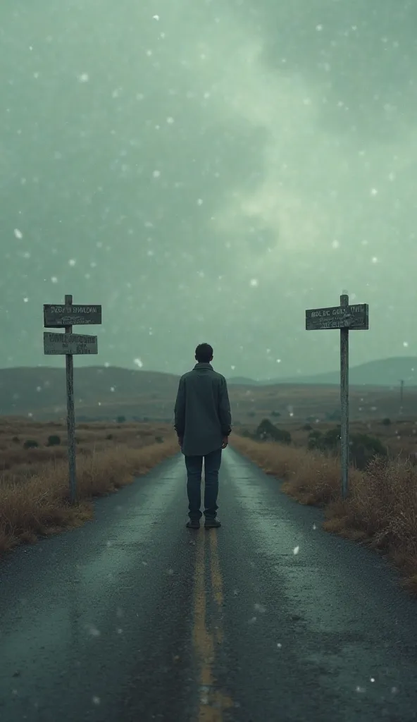 "A person standing at a crossroads, symbolizing life choices, in a cinematic style."