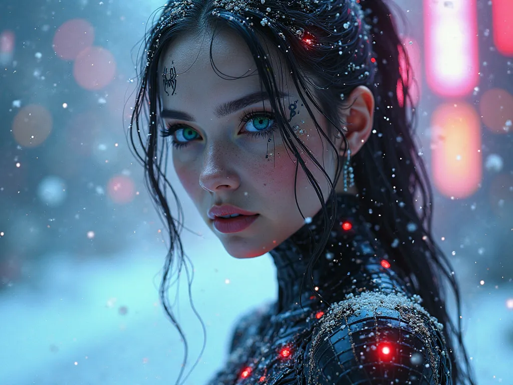 cute beautiful cybernetic woman dressed as spiderman, magical beauty, neon, face tattoo , cyberpunk 2077, Heterochromia of the eyes, высокое качество, 4K, neonовые частицы,  snow 