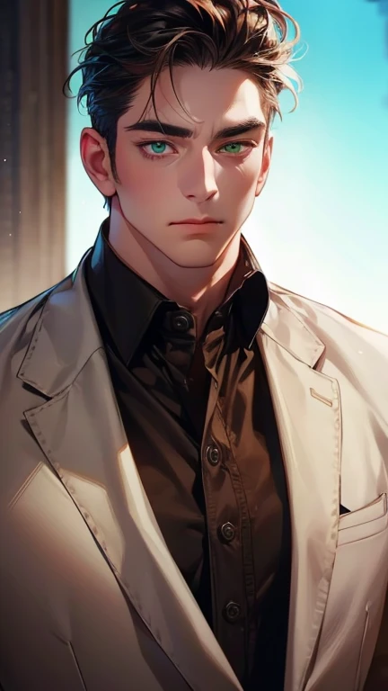 (  best quality,4K,8k,   highres,  masterpiece :1.2),  breasts  ,(Realistic,photoRealistic,photo-Realistic:1.37),36-year-old man,3 day beard,Beautiful anime,Portraits,strong,masculine,       with dark hair  ,sharp jaw,        mesmerizing green eyes   ,    ...