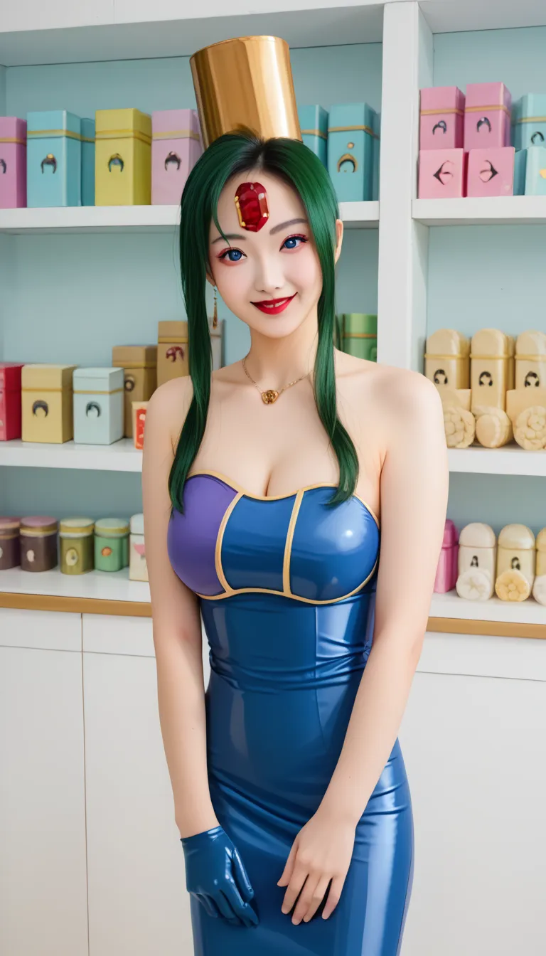 score_9,score_8_up  ,score_7_up  ,very beautiful and cute girl,    Masterpiece,    Hi-Res,   raw photo, , realistic photo ,,1 girl, ,,asian girl  , ,   green hair,  white skin , Red gem on forehead, ,  red lipstick,   eyeshadow , very huge breasts,  blue e...