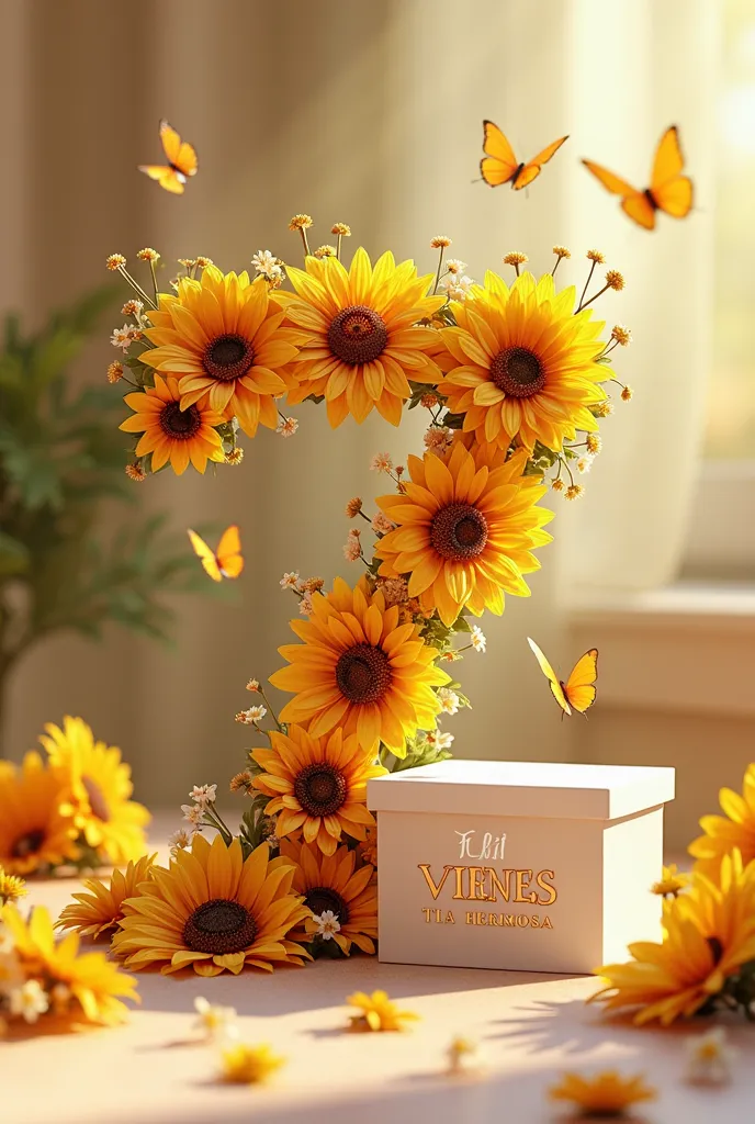 A 3D animated scene with a mesmerizing, intricately detailed number 7. The number is surrounded by delicate sunflowers that skillfully entwine and create a stunning floral display. Fluttering butterflies gracefully adorn the scene, adding an air of eleganc...