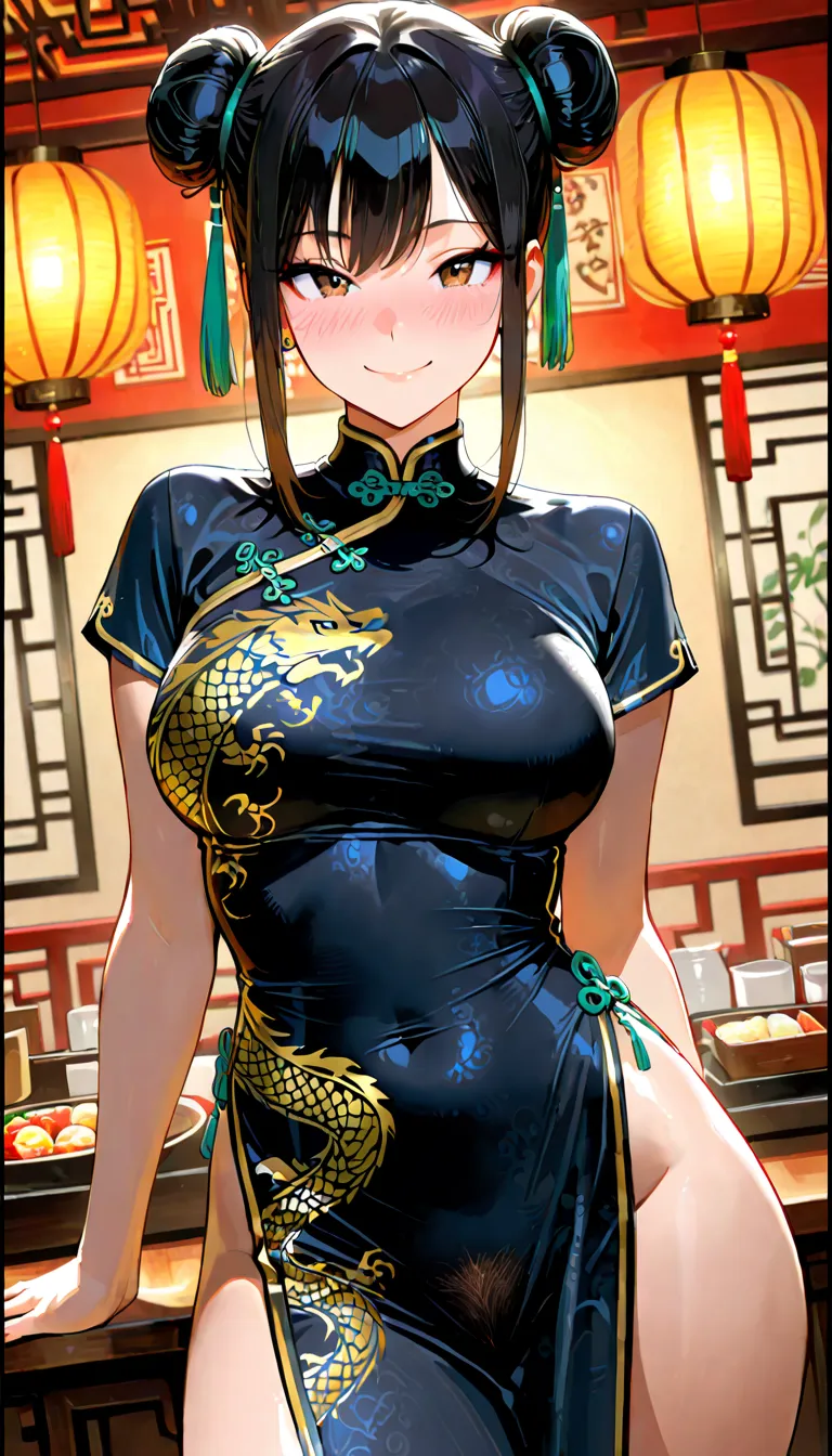 (beautiful girl : 1.3),1 girl,(black china dress with golden embroidery,neck slit, pubic hair), black hair,bun hair,smile, is embarrassing,blush, Chinese Restaurant,masterpiece,top quality,super high resolution,rich contrast that makes erectile breasts vis...