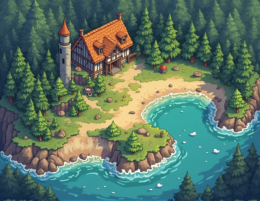 Create a Level Design Map, Plot content for RPG games: There is a village in the forest and located in a land surrounding it is the sea, The main character must go to collect 4 stones belonging to 4 elements, Chapter 1 The character goes on a remote canyon...