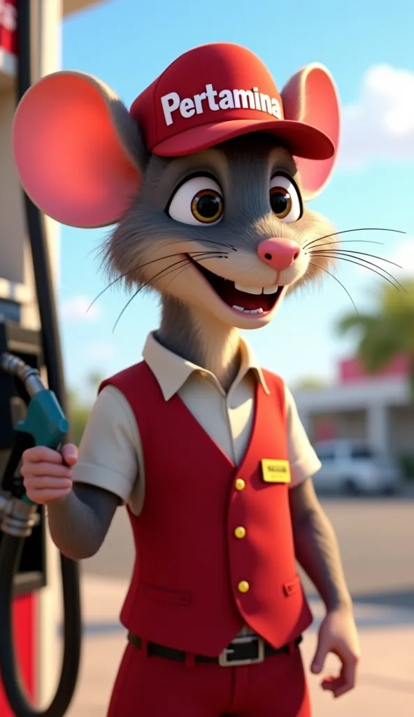 A cheerful anthro rat in a crisp red Pertamina uniform stands at a gas pump, holding a fuel nozzle. The uniform’s white shoulder accents and red cap with bold white "Pertamina" text add a professional touch. Rendered in 3D Pixar style, the rat has expressi...