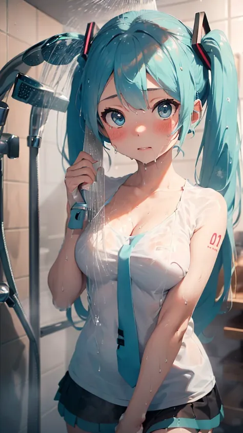 (Masterpiece,Best Quality,ultra-detail,Best Shadows,Perfect composition),(portrait:1.5),view from below,(solo:1.5),very cute girl,(Hatsune Miku,wet hair,light blue twin-tails hair:1.5),Face up,very cute face,shy face,beautiful cute eyes,(most blushing:1.5)...