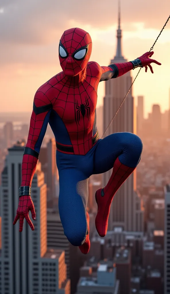 Spider-Man in a red and blue suit hovers over the city, holding on to a web, that goes up off-screen.  his posture is relaxed , one hand on a web,  another slightly bent . the mask covers the face, but Pose thinks, he's happy. In the background of a modern...