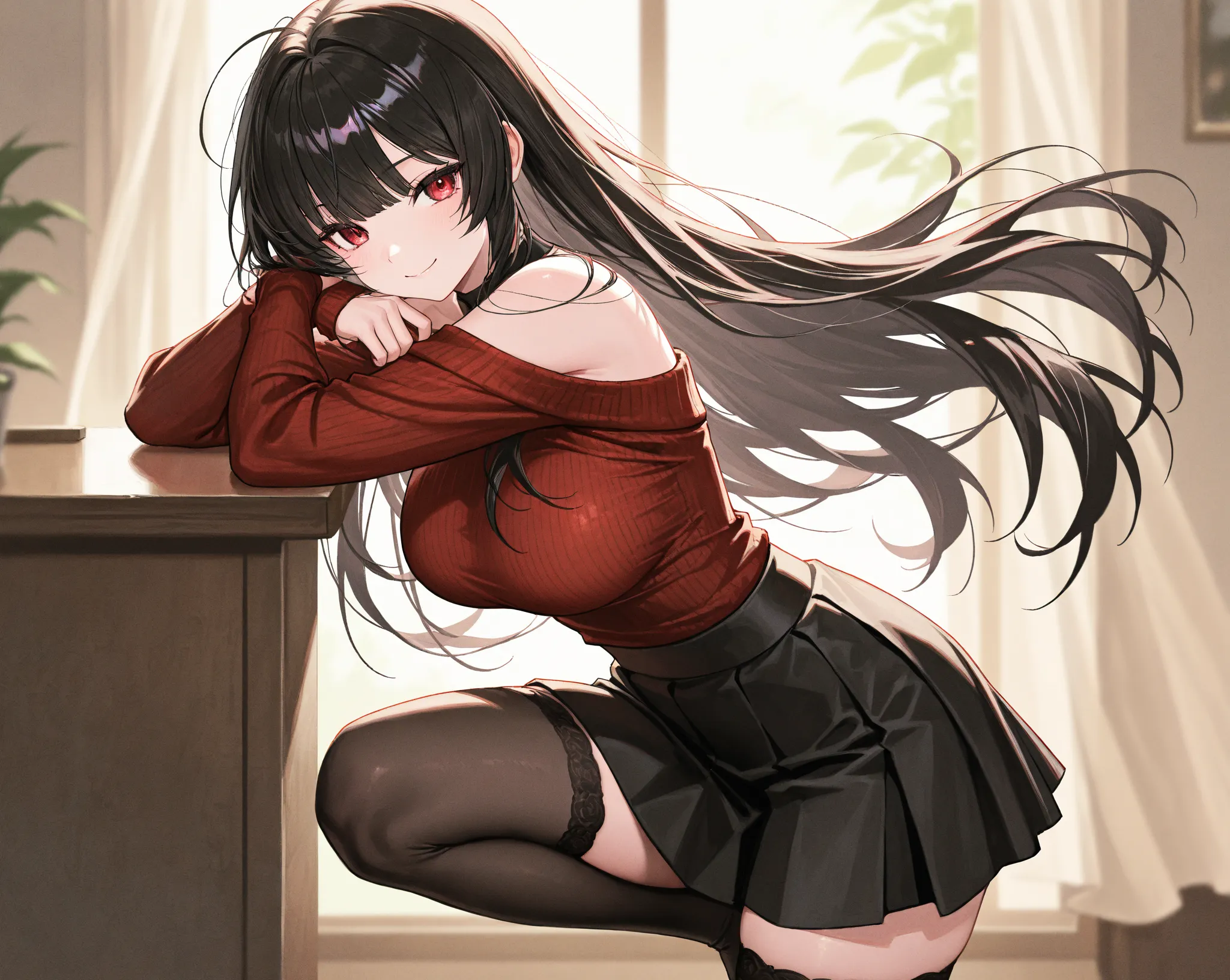 High Resolution, Masterpiece, Best Quality,1girl, Long Hair, Bangs, Black Hair, Large breasts, Smile, Dark red shoulder knitted top, stockings black skirt red eyes, thights
