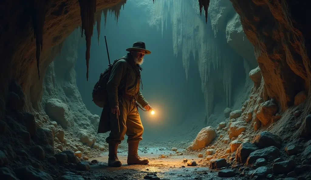 Man with a flashlight explores a cave in search of treasure, Last century at the time of mining, melancholic and mysterious image