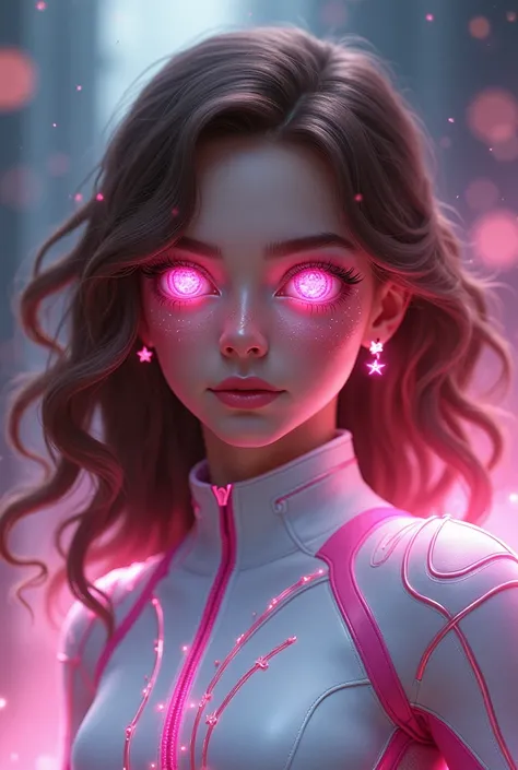 beautiful young girl, wavy brown hair, pink eyes in the shape of a star, freckles in the shape of constellations, star-shaped earrings in a white superhero costume with pink details