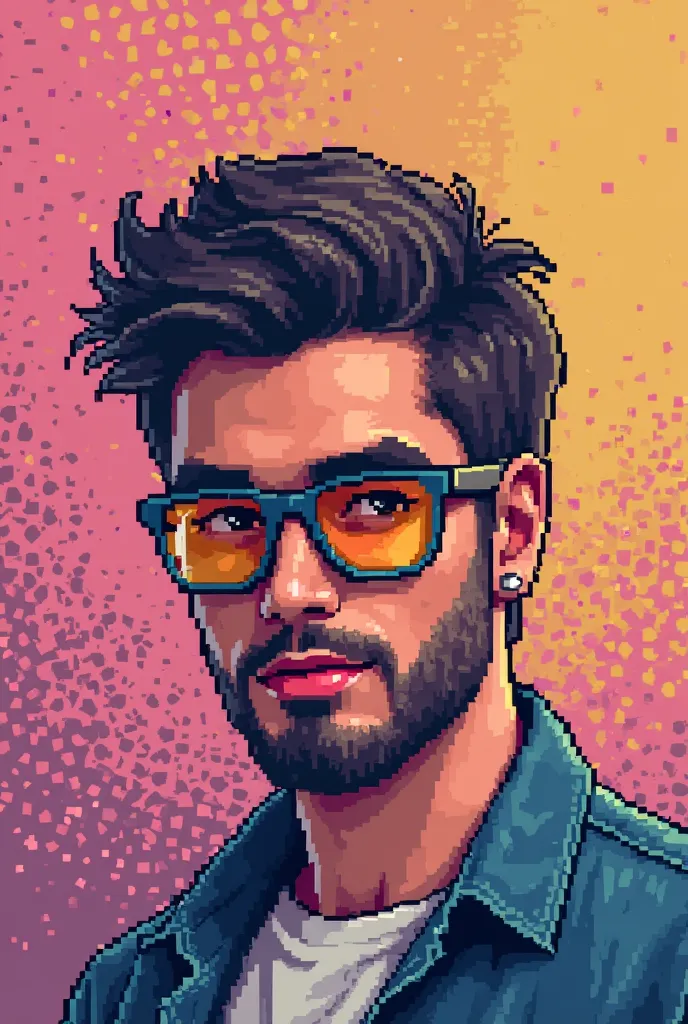 Create a retro 8-bit pixel art avatar in a vibrant and colorful style. The avatar should feature a stylish and modern character with a creative and professional vibe, suitable for a graphic designer. Include subtle elements like a pixelated pen or stylus, ...