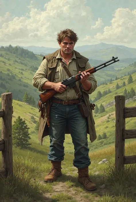 Bulky, short hair, Gentle impression, brown hair, countryside,  1 man with a gun