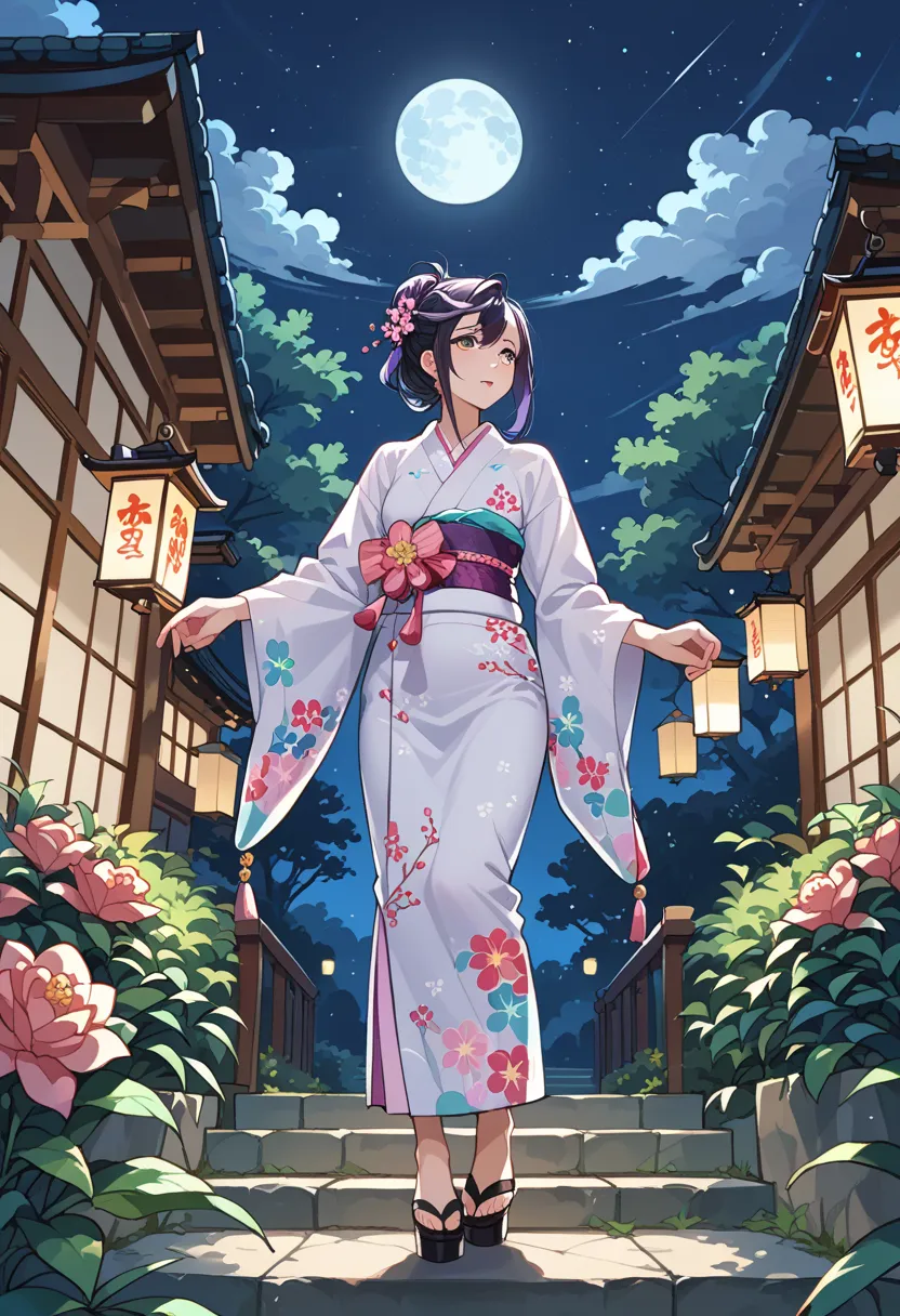 rape, Momose Momo 18 years old  character wearing a traditional kimono, standing under a starry night sky. She has long, flowing black hair that cascades gracefully down her back, contrasting against the soft glow of lantern light around her. Her eyes are ...