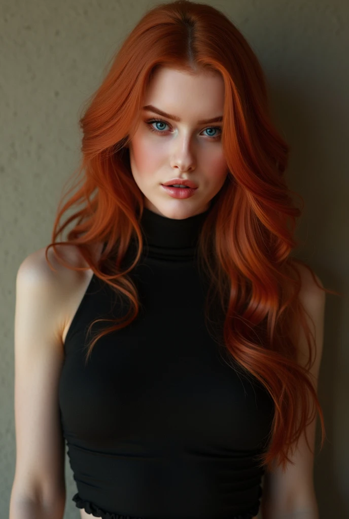 A young woman with long red hair, fair skin, and bright eyes. She wears a black turtleneck and sexy lingerie, displaying a gentle and confident expression with a slight smile