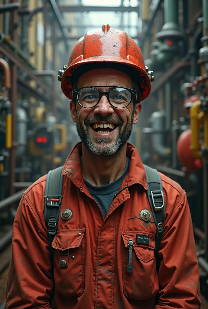 Petrochemical OHS worker, in red workware, in red hard hat, with protective glasses, nervously smiling because of overwork.