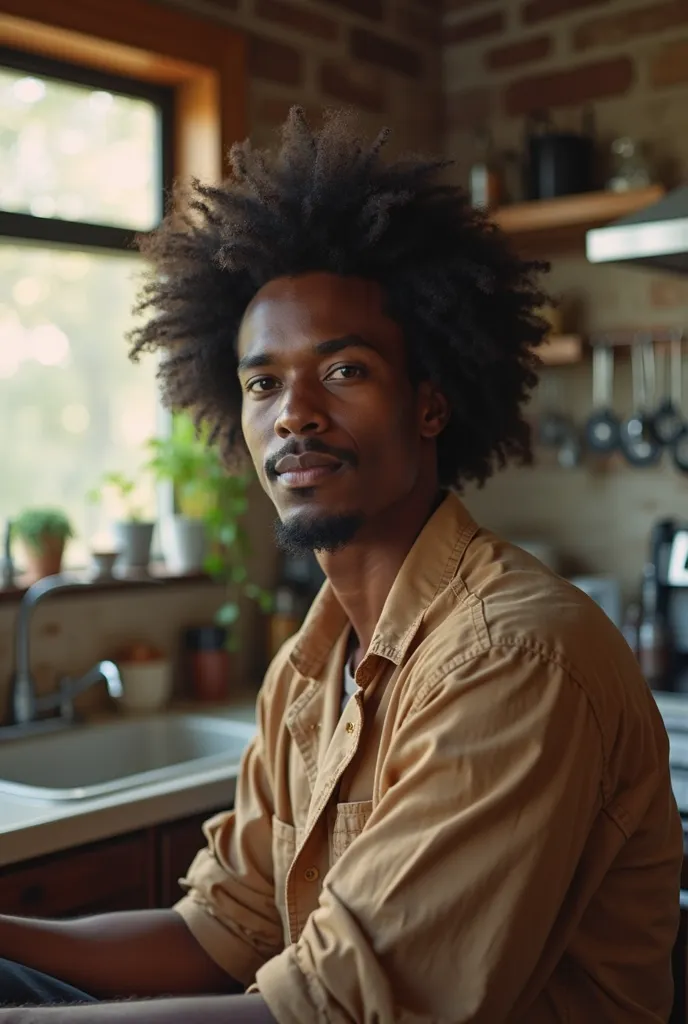 there is a man with a afro haircut sitting in a kitchen, a picture inspired by Willian Murai, instagram, tachisme, with afro, east african man with curly hair, taken in the early 2020s, afro, a black man with long curly hair, black man with afro hair, head...