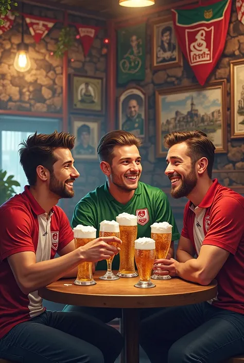 Three friends who are fans of Pescara soccer drink a beer in a pub set up with photos and references from the city of Pescara