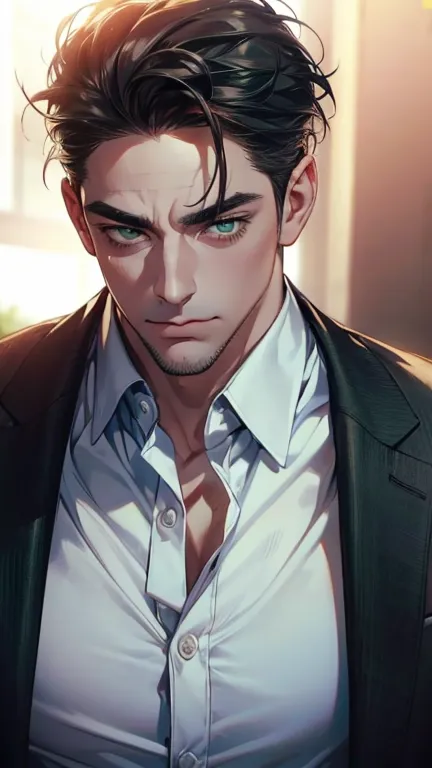 (  best quality,4K,8k,   highres,  masterpiece :1.2),  breasts  ,(Realistic,photoRealistic,photo-Realistic:1.37),36-year-old man,3 day beard,Beautiful anime,Portraits,strong,masculine,       with dark hair  ,sharp jaw,        mesmerizing green eyes   ,    ...