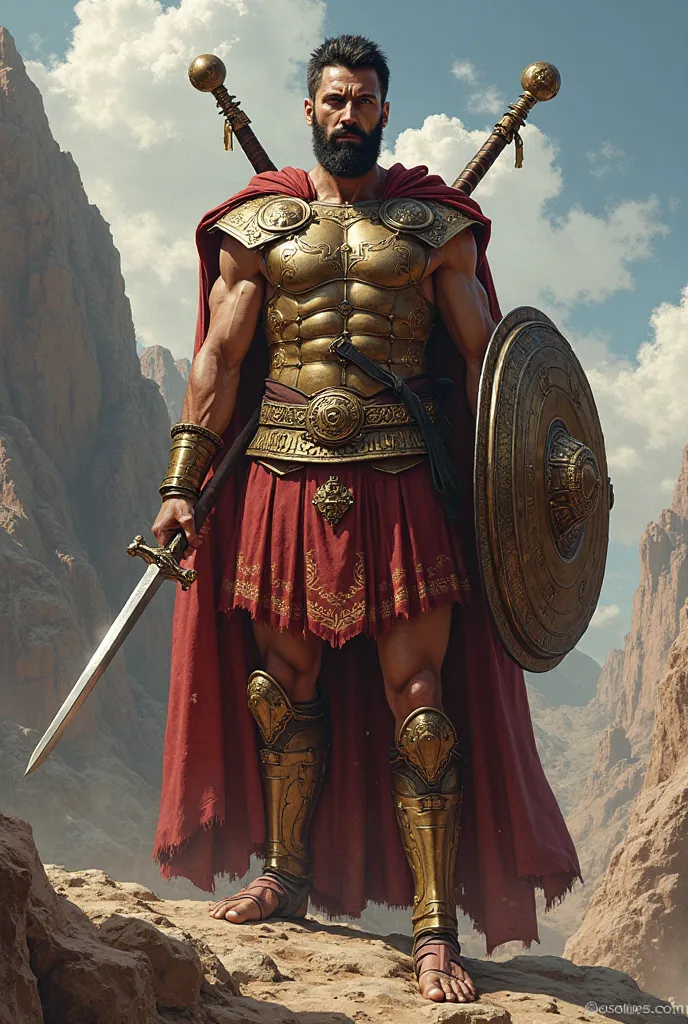 King Leonidas of Sparta with a spear in his right hand, and a shield in his left hand, with two beautiful swords on his back.