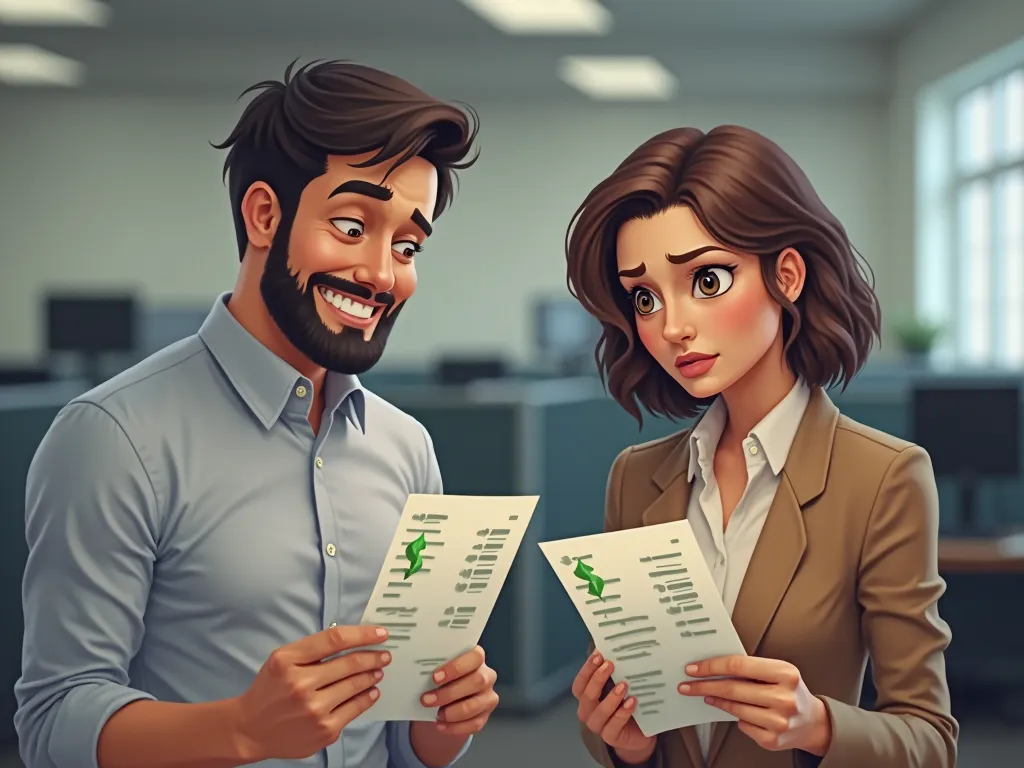 A male and female employee doing the same job, but the woman’s paycheck is visibly smaller. make the woman's paycheck smaller than the man. the man is smiling but the woman is not.