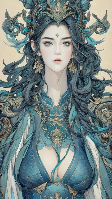 Female Warrior with a Melancholy Face，Wore Metal Slim Armor All Over Her Body，Lake Blue Gradient Long Hair， HD, best quality, Hi-res, super detailed, Super Fine Painting ,  is extremely delicate, Professional, anatomically correct, Symmetrical face, extrem...