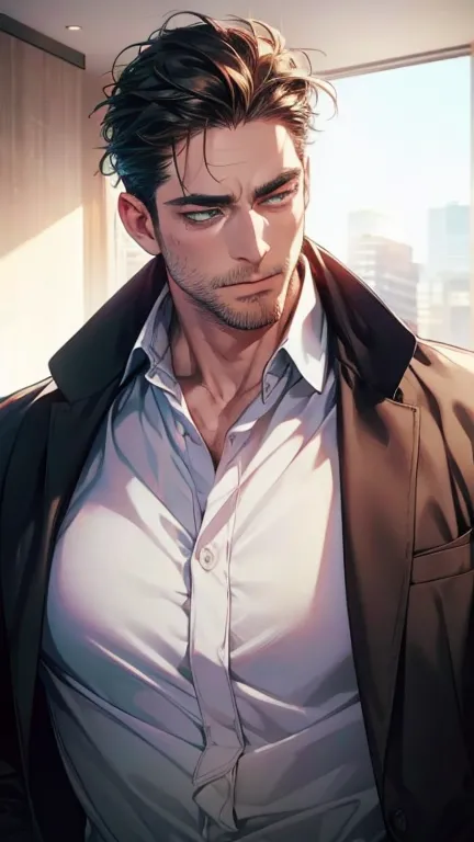 (  best quality,4K,8k,   highres,  masterpiece :1.2),  white dress shirt ,(Realistic,photoRealistic,photo-Realistic:1.37),36-year-old man,3 day beard,Beautiful anime,Portraits,strong,masculine,       with dark hair  ,sharp jaw,        mesmerizing green eye...