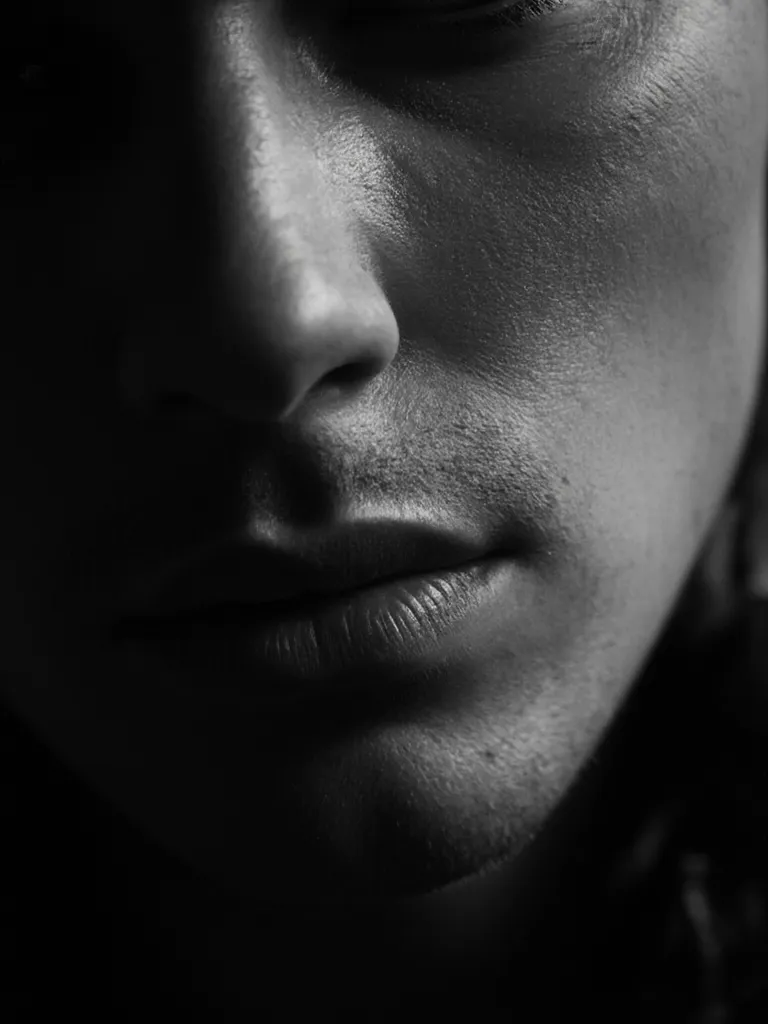 Professional black and white portrait of a man’s lower face, depicting a sculpted and refined chin after genioplasty, dramatic shading, soft focus, hyperrealistic details, bold yet subtle aesthetic quality.