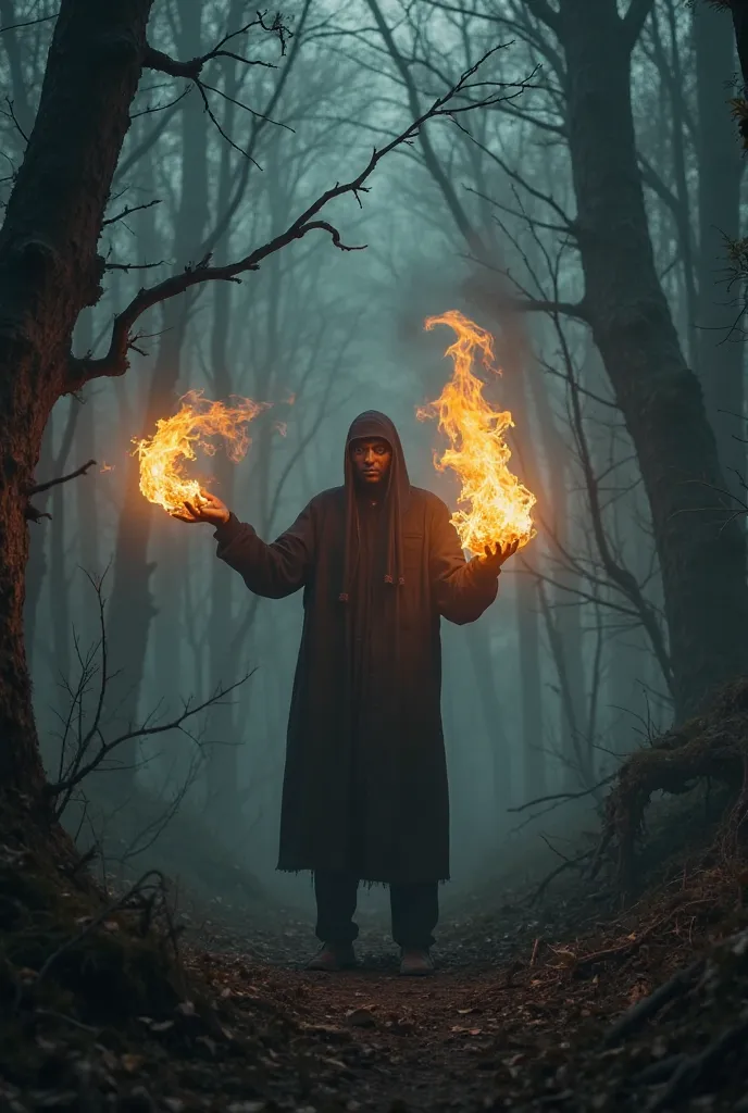 Man playing with fire in scary forest