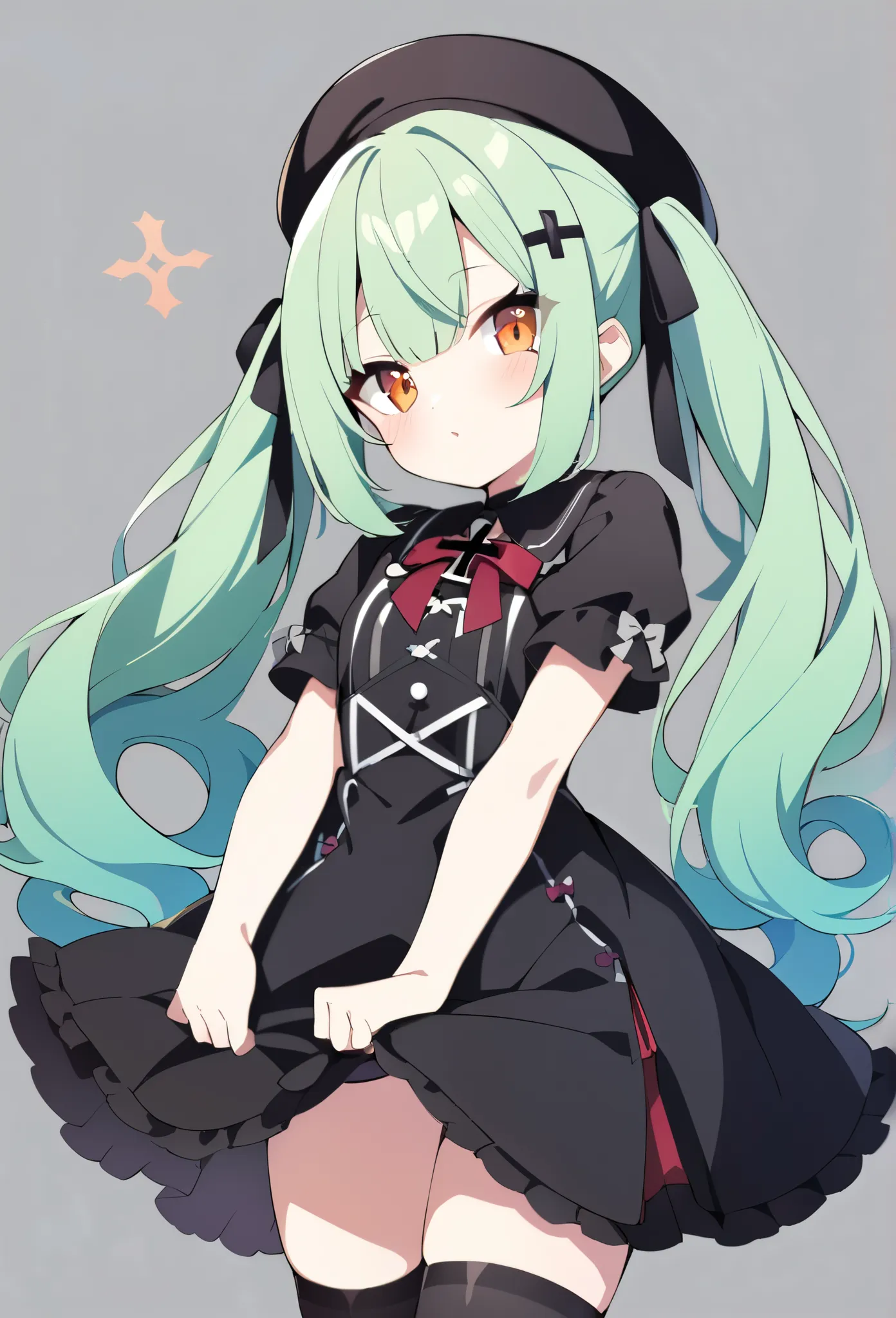 1 girl, cute,  young, green hair, Fluffy Shaggy Long Hair、Twin Pigtails、beret with ribbon、, Orange Eyes , Three cross hairpins on the bangs、（big black cross mark in the eye）、 gothic dress,  thigh high ,