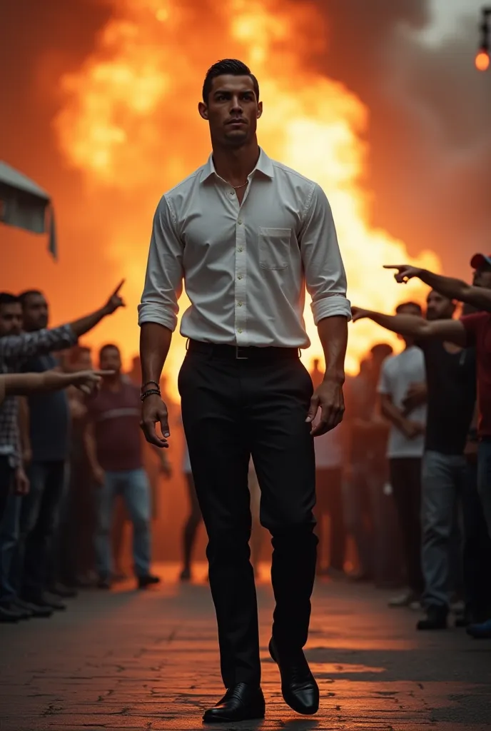 Cristiano Ronaldo Watching Firefighters Arrive, Looking Heroic
A cinematic, highly detailed image of Cristiano Ronaldo standing near the burning restaurant, his posture strong and heroic. He is still wearing his white button-up shirt with sleeves rolled up...