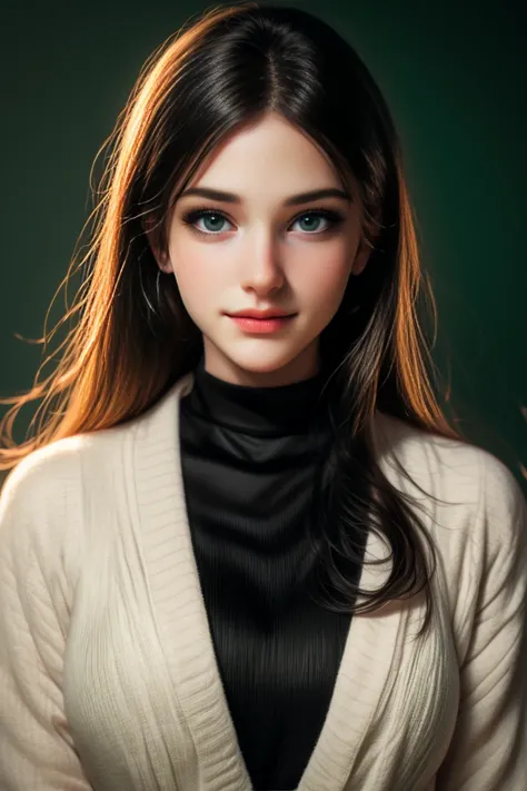  1 girl,Alone,look at the viewer,From far away, Whole body, long brown hair ,Sopf, Wait tied backwards, big dark green eyes, ringing big dark green eyes, arabic orientalich, Moon Face, round face, blank background. black polover,  black pants, Smiling,  fr...