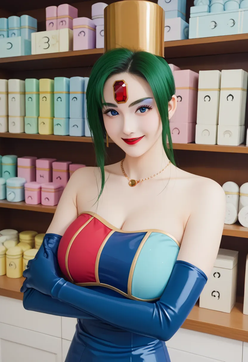 score_9,score_8_up  ,score_7_up  ,very beautiful and cute girl,    Masterpiece,    Hi-Res,   raw photo, , realistic photo ,,1 girl, , slim , ,   green hair,  white skin , Red gem on forehead, ,  red lipstick,   eyeshadow , very huge breasts,  blue eyes,   ...