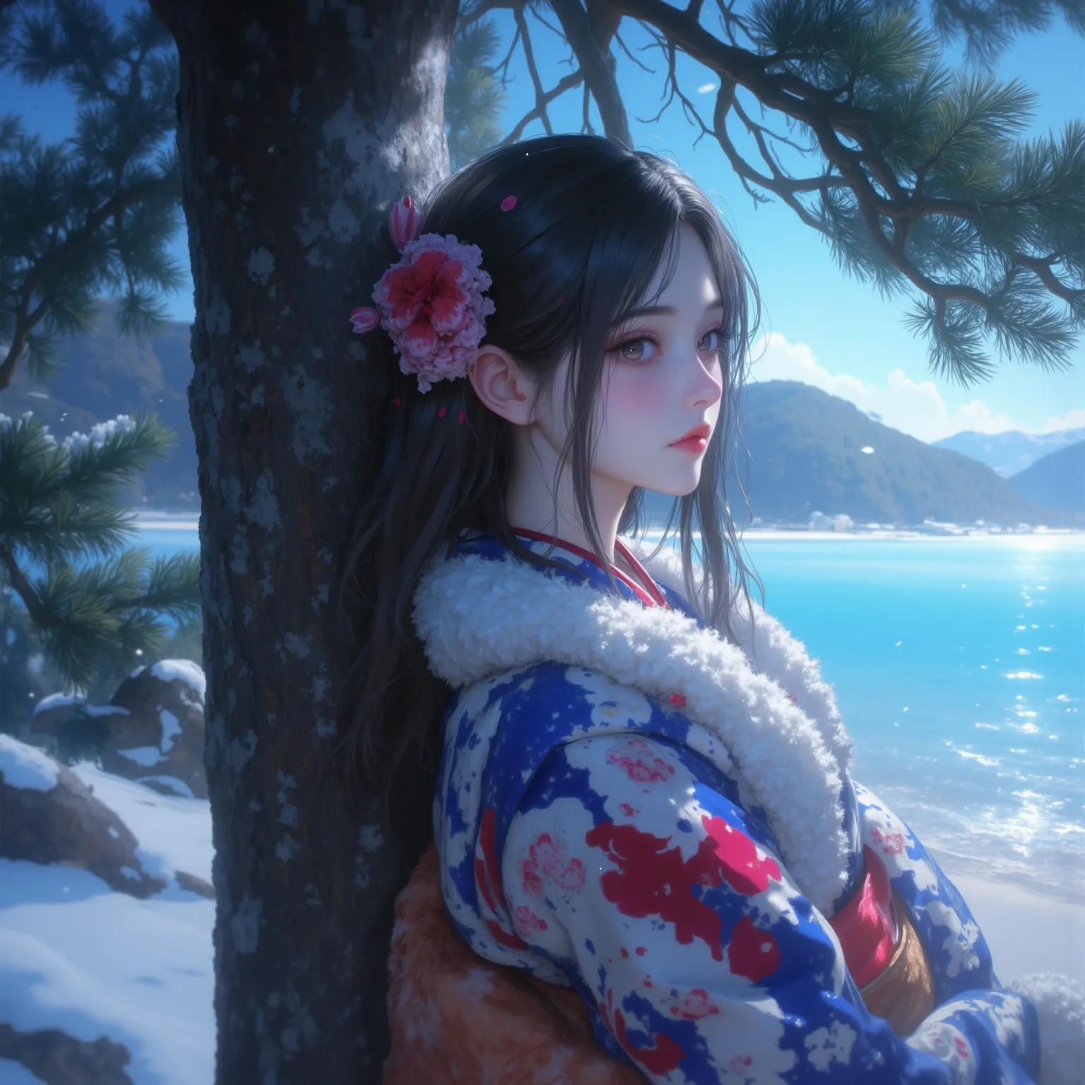 (Top Quality、Hi-res、  masterpiece:1.4)、16K、  high accuracy、Realistic photos、Oil painting Stick painting 、 Melancholy atmosphere 、( furry、Bokeh)、illumination、sad and harsh winter、The seaside has thick, Magnificent pine trees 、A girl in a yukata leaning on a...