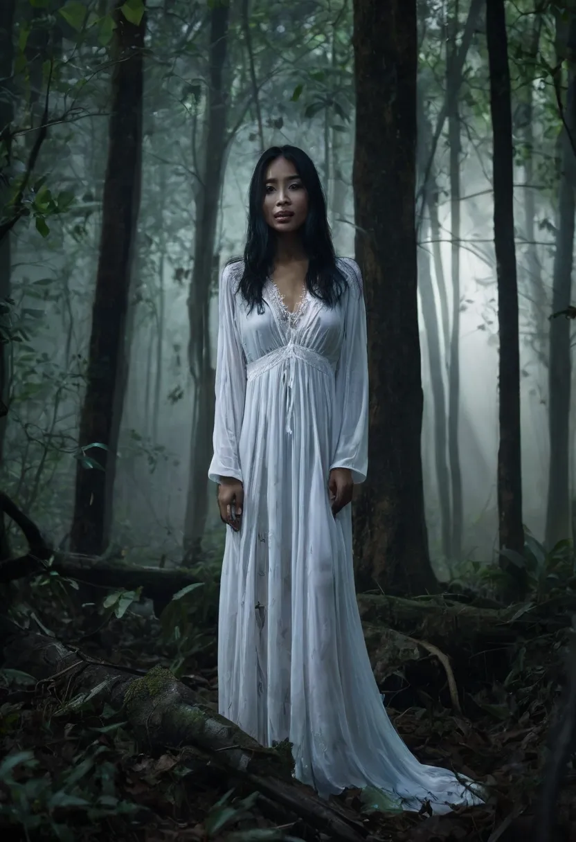 A ghostly figure of an Indonesian woman wearing a long white negligee that looks shabby and slightly transparent, hovering in the middle of the dark forest on a dense night. Light a faint moonlight breaks through the crevices of the trees, illuminates her ...