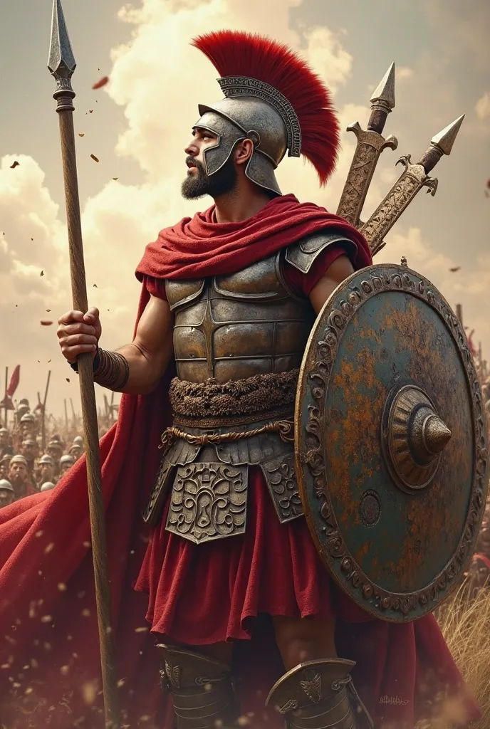 King Leonidas of Sparta with a spear in his right hand, and a shield in his left hand, with two beautiful swords on his back. He was wearing beautiful armor, the Spartan helmet., He is strong and was looking up at the sky in my battle.