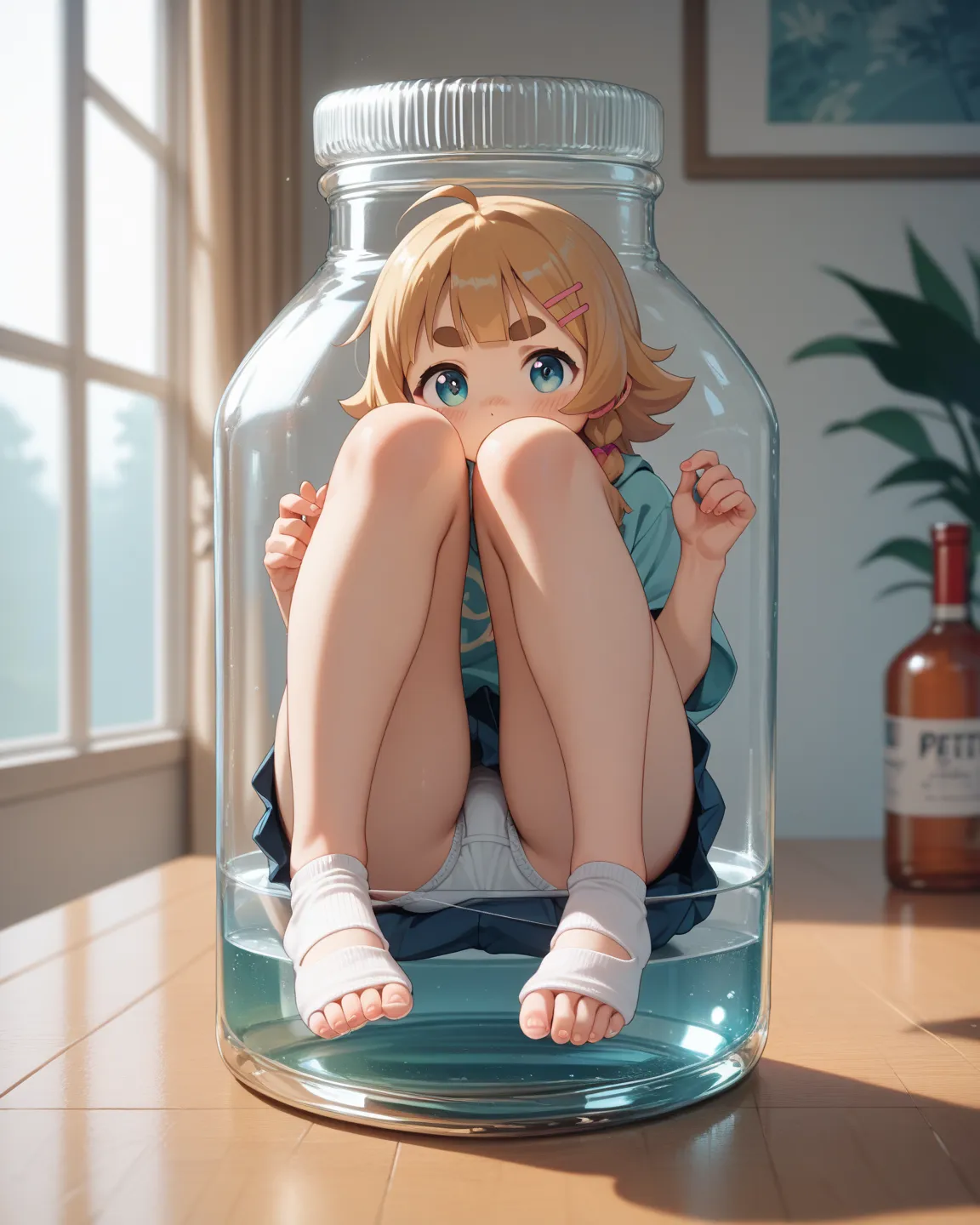 kawaii anime , petit girl , Thick eyebrows , sit down , knees up , glass Morphism , The world seen through bottle , closeup bottle , in the huge bottle , panty , Shoulder , flank , hip