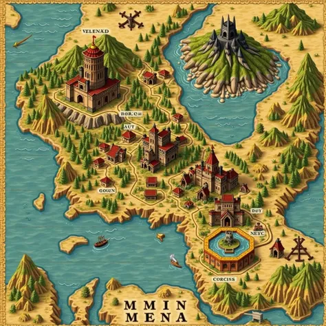 Create a Level Design Map, Plot content for RPG games: There is a village in the forest and located in a land surrounding it is the sea, The main character must go to collect 4 stones belonging to 4 elements, Chapter 1 The character goes on a remote canyon...