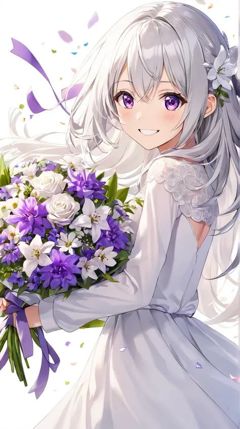 1 girl, solo, High Resolution, smiles, high quality,  Silver Hair, Aperture F1.2,  Slim,chest,purple eyes,Large bouquet,no background, Pure White Dress, celebration