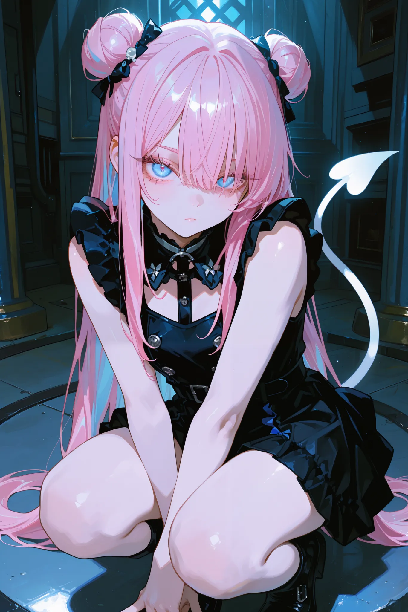 Previous、(((Digital World)))、Virtual Space、 ((((Excellent)), (extremely detailed, is ridiculous, SO BEAUTIFUL), (very detailed background, Lighting), (1 girl, pink bun short twin tail、 quick bangs、the bangs are neatly straight、 Graceful and dark eyebrows :...