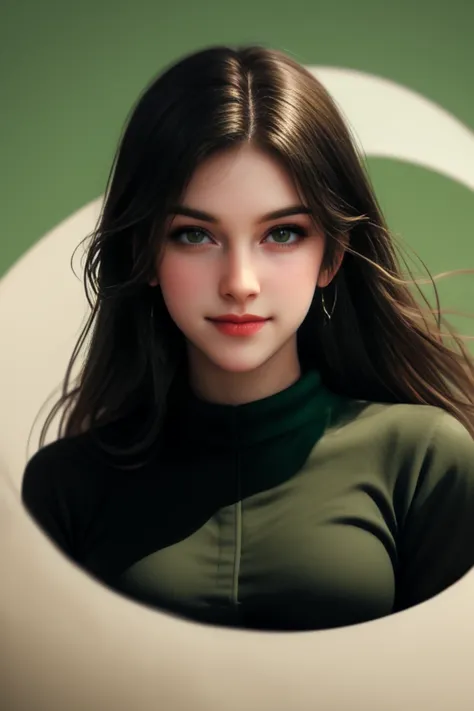  1 girl,Alone,look at the viewer,From far away, Whole body, long brown hair ,Sopf, Wait tied backwards, big dark green eyes, ringing big dark green eyes, arabic orientalich, Moon Face, round face, blank background. black polover,  black pants, Smiling,  fr...