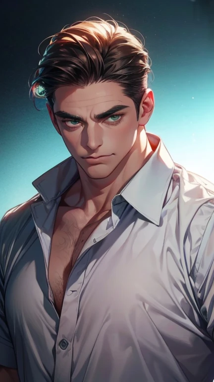 (  best quality,4K,8k,   highres,  masterpiece :1.2),  white dress shirt ,(Realistic,photoRealistic,photo-Realistic:1.37),36-year-old man,3 day beard,Beautiful anime,Portraits,strong,masculine,       with dark hair  ,sharp jaw,        mesmerizing green eye...