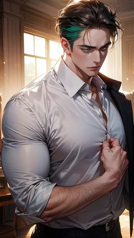 (  best quality,4K,8k,   highres,  masterpiece :1.2),  white dress shirt ,(Realistic,photoRealistic,photo-Realistic:1.37),36-year-old man,3 day beard,Beautiful anime,Portraits,strong,masculine,       with dark hair  ,sharp jaw,        mesmerizing green eye...