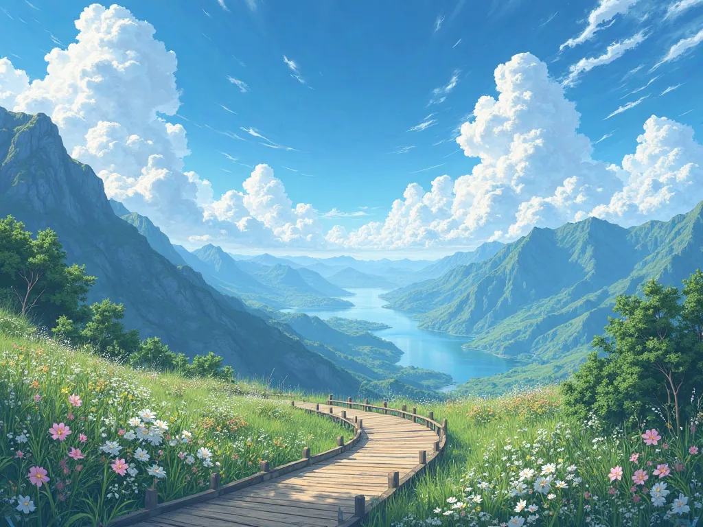 A breathtaking Makoto Shinkai-style background painting of a scenic mountain ridge. A wooden boardwalk stretches into the distance at the center, surrounded by lush greenery and alpine flowers on both sides. The vast sky above is a brilliant blue, with an ...