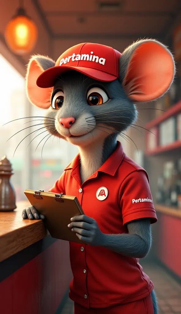 An anthro rat in a red Pertamina uniform leans against a gas station counter, checking a clipboard. The white "Pertamina" text on the cap is clearly visible, matching the shirt’s shoulder accents. Pixar-style textures emphasize the fabric’s realism, while ...