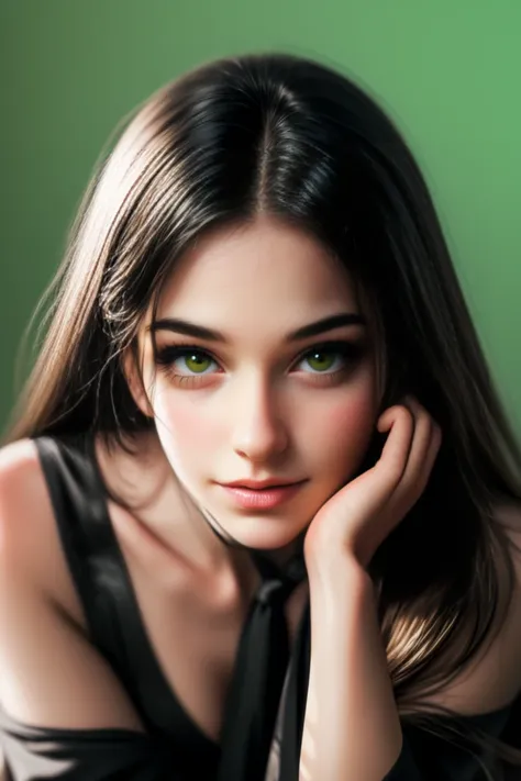  1 girl,Alone,look at the viewer,From far away, Whole body, long brown hair ,Sopf, Wait tied backwards, big dark green eyes, ringing big dark green eyes, arabic orientalich, Moon Face, round face, blank background. black polover,  black pants, Smiling,  fr...