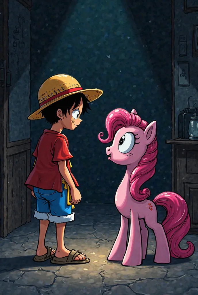 Create a manga picture of luffy and pinkie pie talking in dark room leaving the place of the lyrics empty for me to fill 