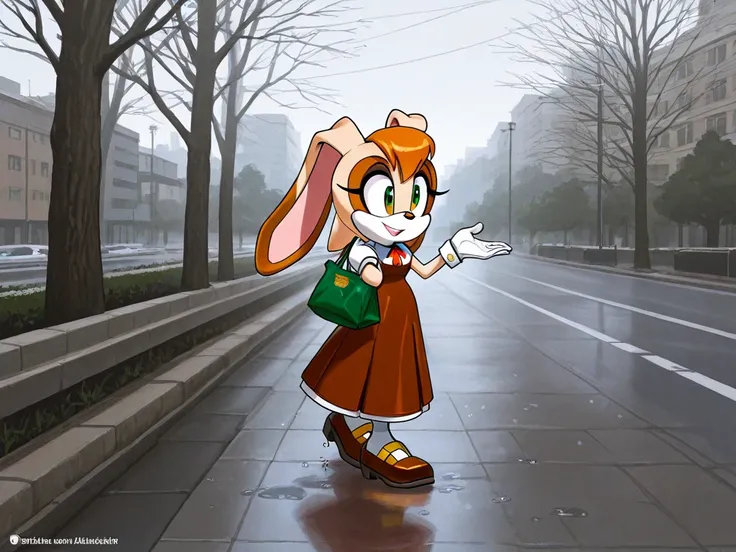 a woman walking down a wet  sidewalk holding groceries in one hand, tree, bare tree, outdoors, bag, solo,vanilla the rabbit