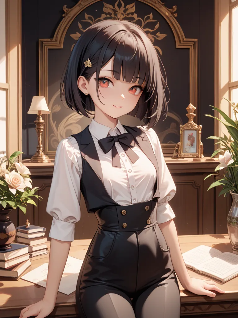 nsfw, very beautiful detail, high quality, masterpiece, very aesthetic, 4k, resolution, highest quality, a cute loli girl, black hair, bob cut, red eyes, white shirt, brown long pants, black vest, slim waist, fair-skinned, small breasts, simple clothind:1....