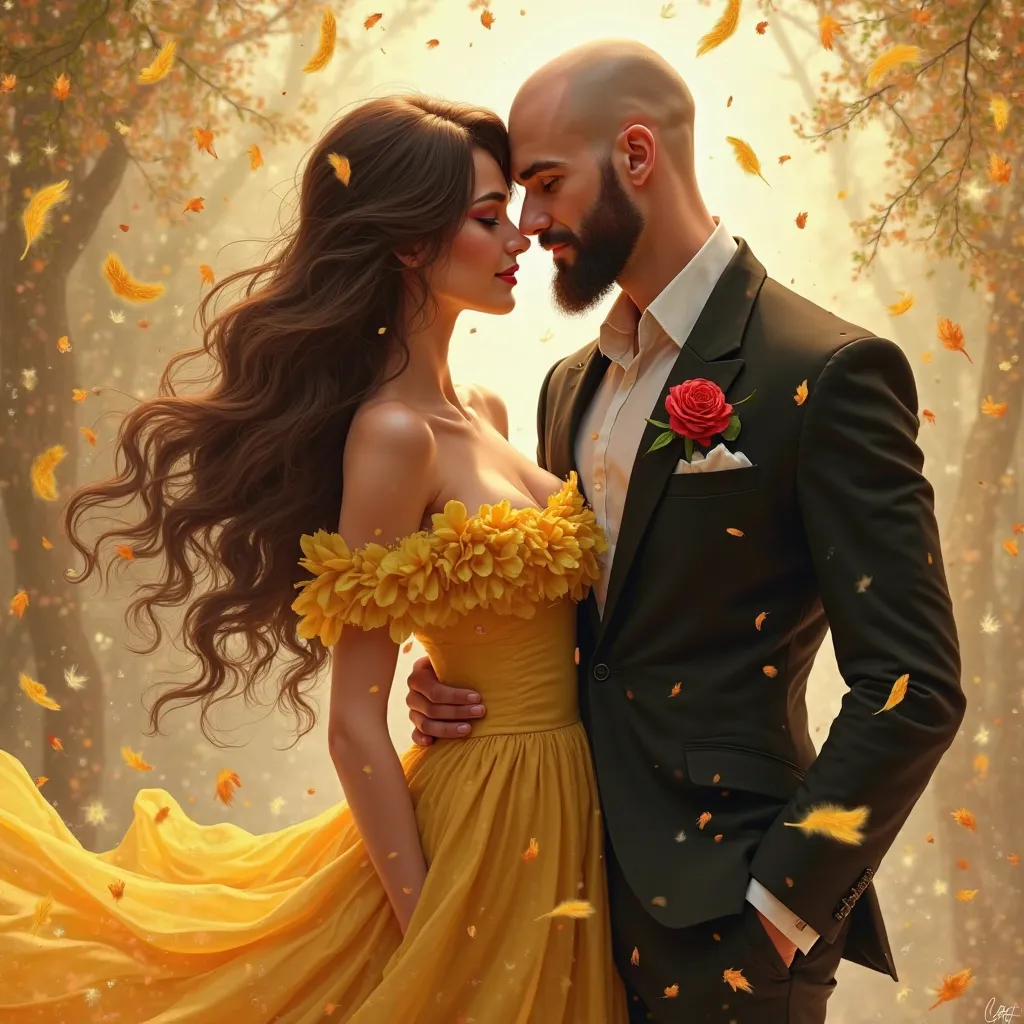 Couple amoureux.  Femme brune cheveux longs,  robe jaune avec bustier orné de plumes.  Homme barbu,  chauve en costard noir,  une rose rouge dans la poche du costard. Pluie de plumes jaunes